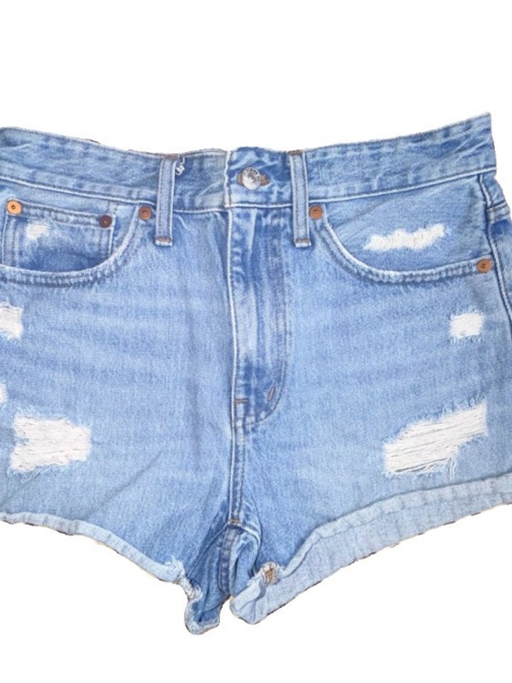 Madewell Relaxed Denim Shorts 26 Medium Wash Blue Distressed Raw Hem High Rise